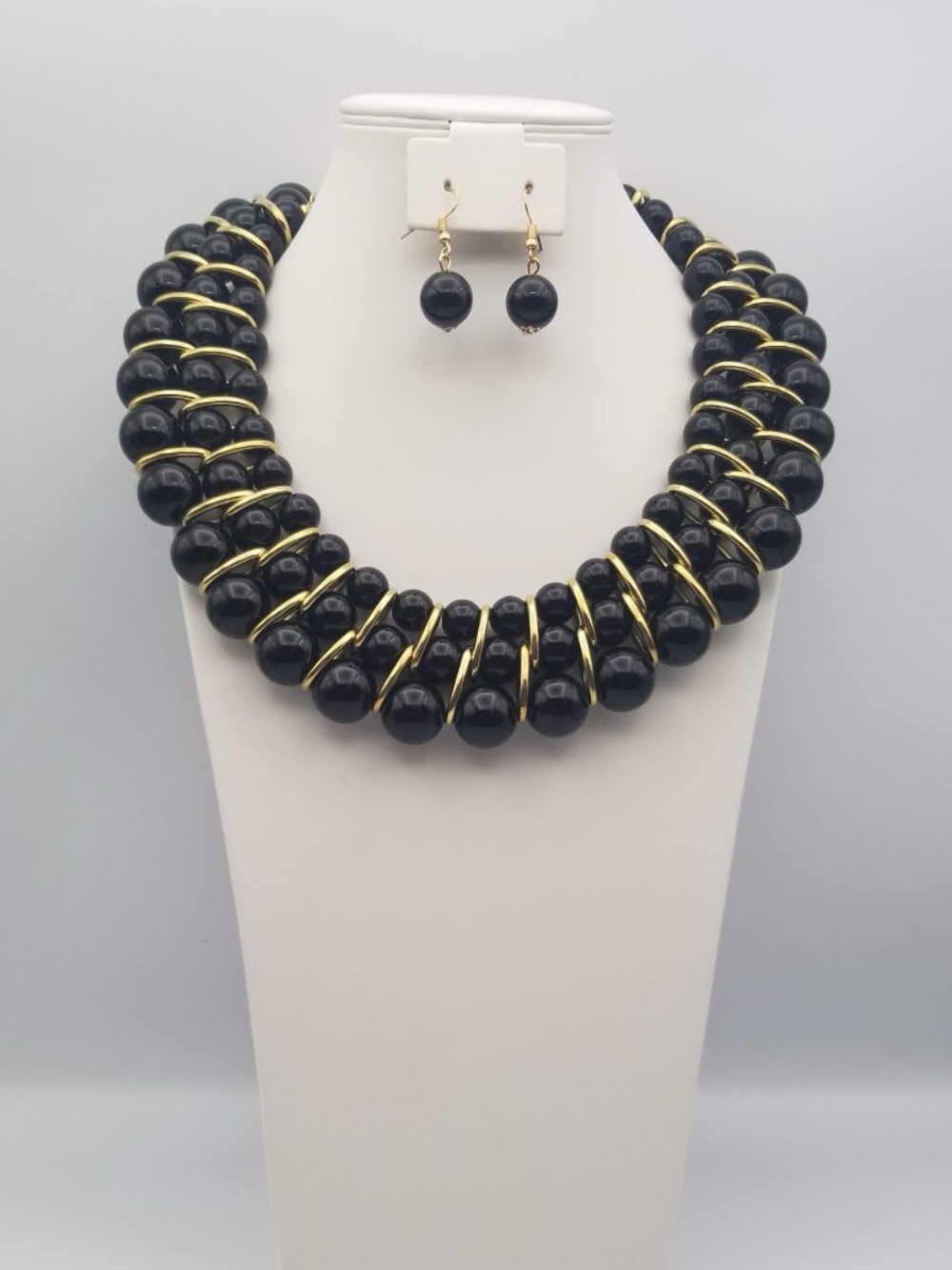 Black Bead Statement Necklace & Earrings - Gold Accents